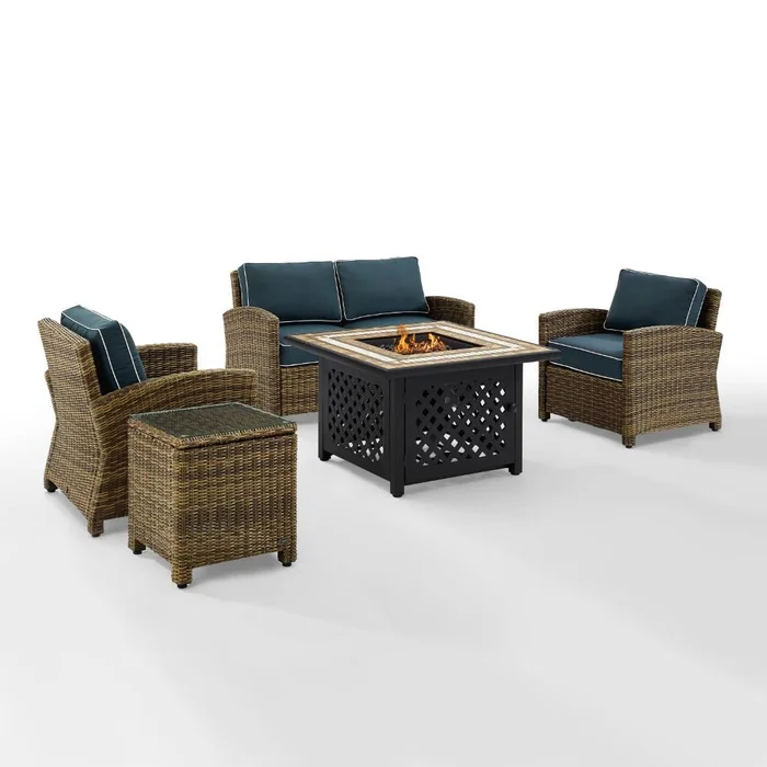 Crosley Furniture – Bradenton 5 Piece Outdoor Wicker Conversation Set With Fire Table Weathered Brown/Navy – Loveseat, 2 Arm Chairs, Side Table, Fire Table – KO70162-NV