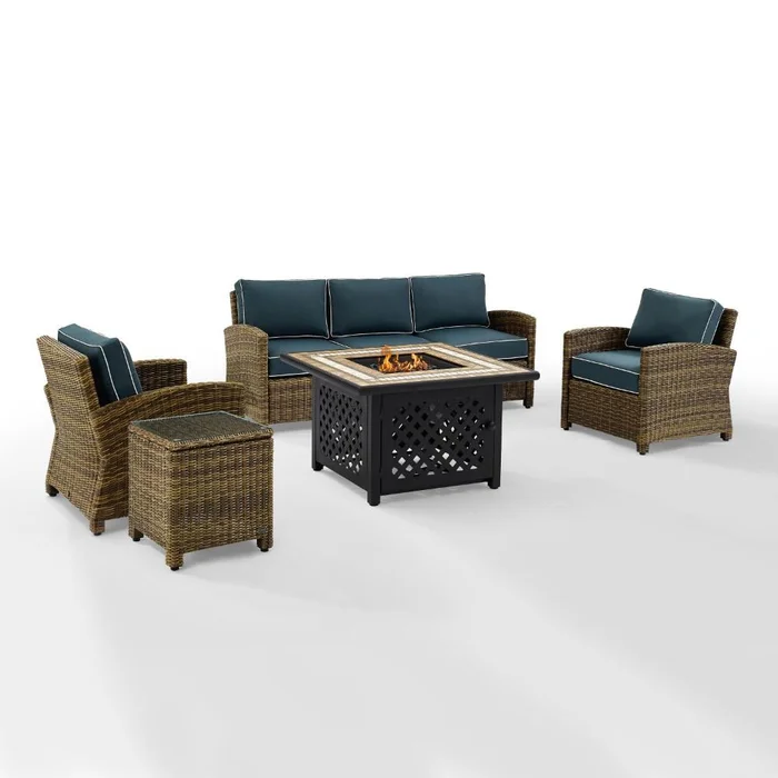 Crosley Furniture – Bradenton 5 Piece Outdoor Wicker Conversation Set With Fire Table Weathered Brown/Navy – Sofa, 2 Arm Chairs, Side Table, Fire Table – KO70163-NV