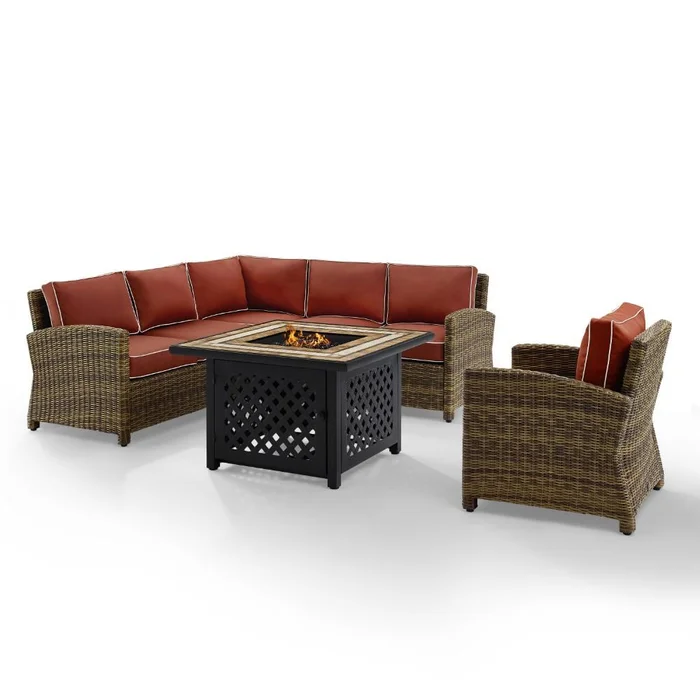 Crosley Furniture – Bradenton 5 Piece Outdoor Wicker Sectional Set With Fire Table Weathered Brown/Sangria – Right Corner Loveseat, Left Corner Loveseat, Corner Chair, Arm Chair, Fire Table – KO70159-SG
