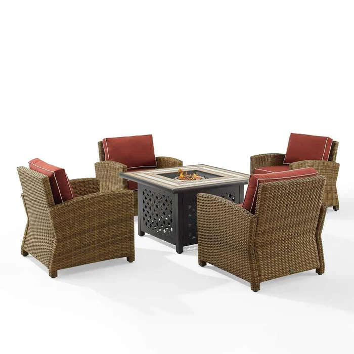 Crosley Furniture – Bradenton 5Pc Outdoor Wicker Conversation Set W/Fire Table Sangria/Weathered Brown – Tucson Fire Table & 4 Armchairs – KO70207WB-SG