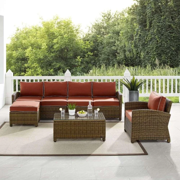 Crosley Furniture – Bradenton 5Pc Outdoor Wicker Sectional Set Sangria -Weathered Brown – Left Loveseat, Right Loveseat, Armchair, Coffee Table, and Ottoman – KO70188WB-SG