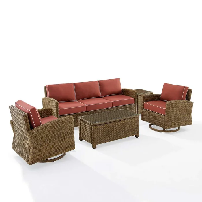 Crosley Furniture – Bradenton 5Pc Swivel Rocker And Sofa Set Sangria/Weathered Brown – Sofa, Coffee Table, Side Table, & 2 Swivel Rockers – KO70425WB-SG