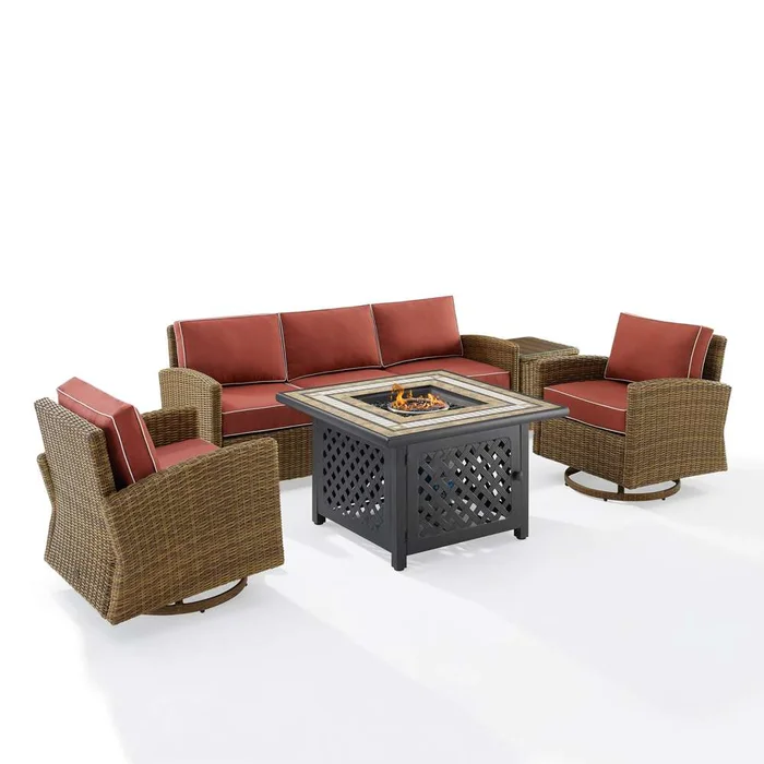 Crosley Furniture – Bradenton 5Pc Swivel Rocker And Sofa Set W/Fire Table Sangria/Weathered Brown – Tucson Fire Table, Sofa, Side Table, & 2 Swivel Rockers – KO70208WB-SG