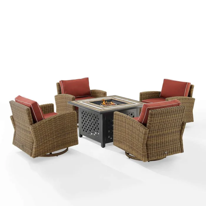 Crosley Furniture – Bradenton 5Pc Swivel Rocker Conversation Set W/Fire Table Sangria/Weathered Brown – Tucson Fire Table & 4 Swivel Rockers – KO70209WB-SG