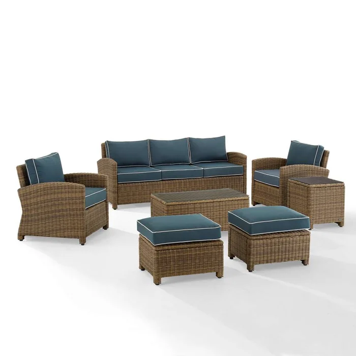 Crosley Furniture – Bradenton 7Pc Outdoor Wicker Sofa Set Navy/Weathered Brown – Sofa, Coffee Table, Side Table, 2 Armchairs & 2 Ottomans – KO70185WB-NV