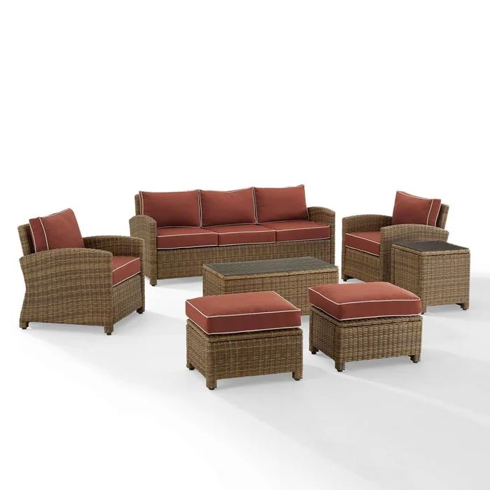 Crosley Furniture – Bradenton 7Pc Outdoor Wicker Sofa Set Sangria/Weathered Brown – Sofa, Coffee Table, Side Table, 2 Armchairs & 2 Ottomans – KO70185WB-SG