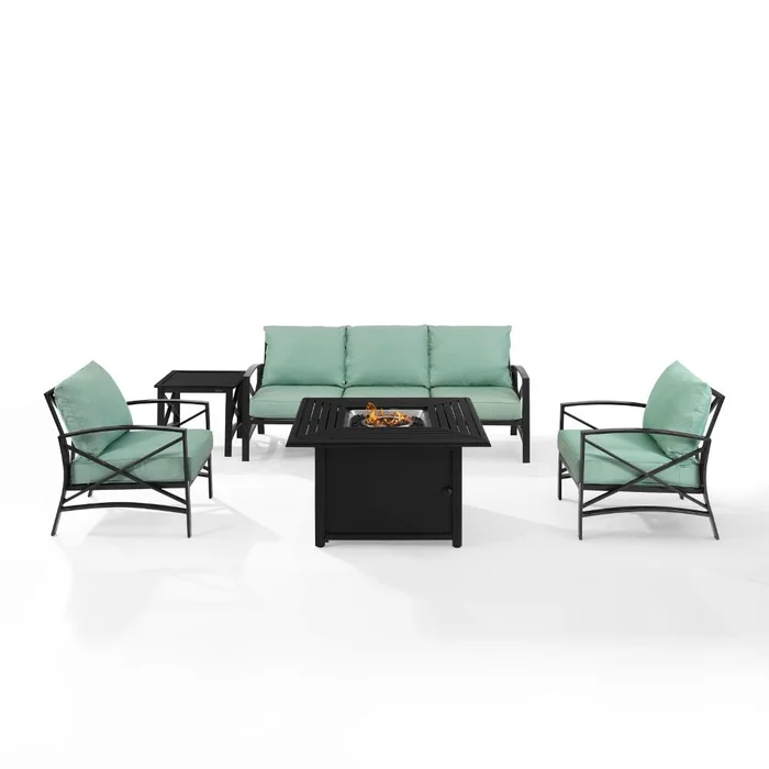 Crosley Furniture – Kaplan 5 Piece Outdoor Sofa Set With Fire Table Mist/Oil Rubbed Bronze – Sofa, Dante Fire Table, Side Table, & 2 Arm Chairs – KO60036BZ-MI