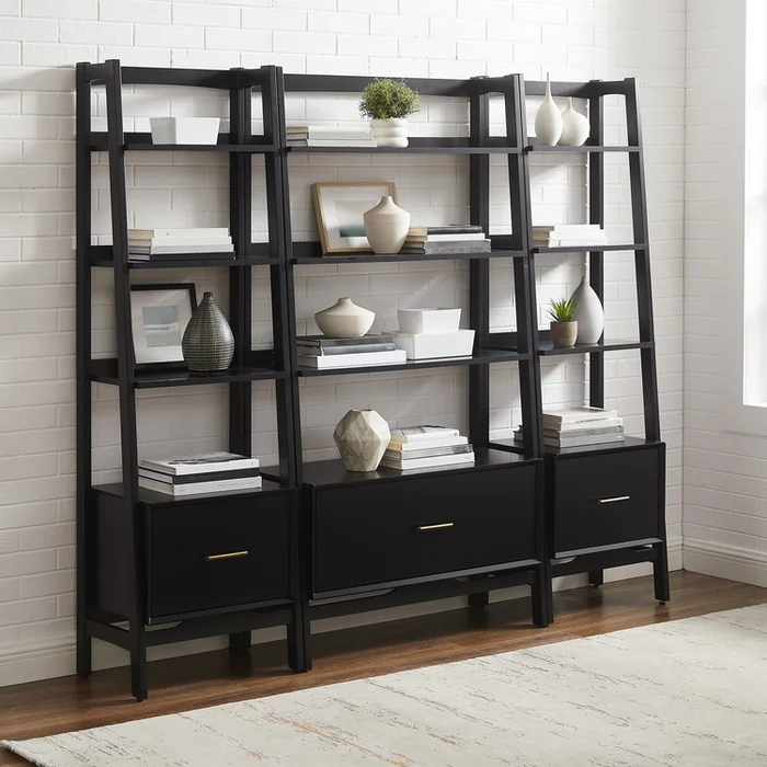 Crosley Furniture Landon 3-Piece Etagere Bookcase Set Matte Black – Large Etagere & 2 Small Etageres