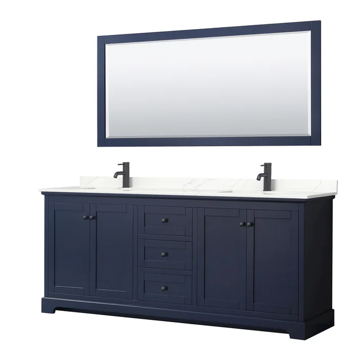 Dark Blue Bathroom Vanity with Quartz Countertop and 70 Mirror