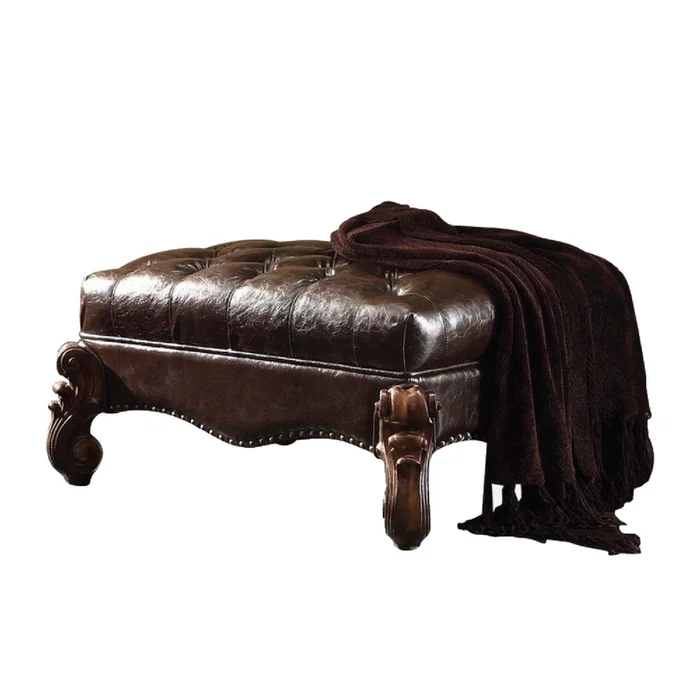 Dark Brown & Cherry Oak Storage Ottoman Chair PU Leather Upholstery – Benzara