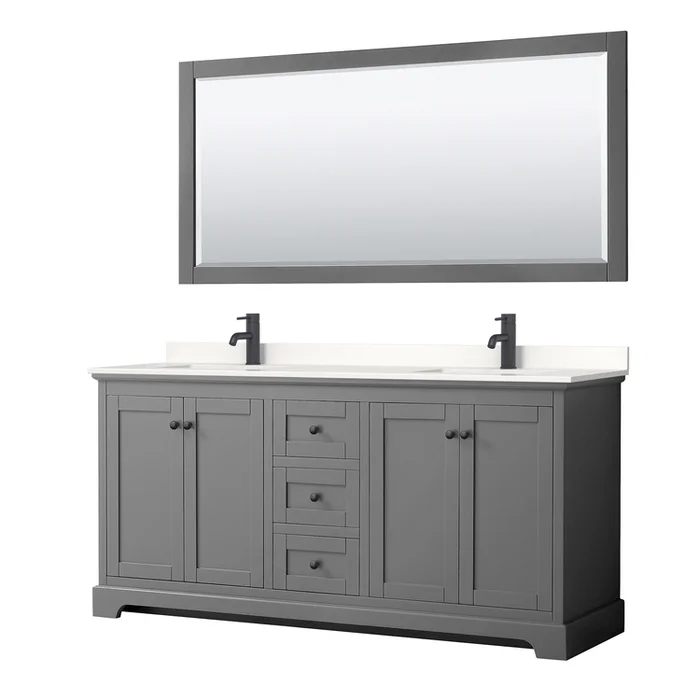 Dark Gray Bathroom Vanity with White Quartz Countertop and 70 Mirror