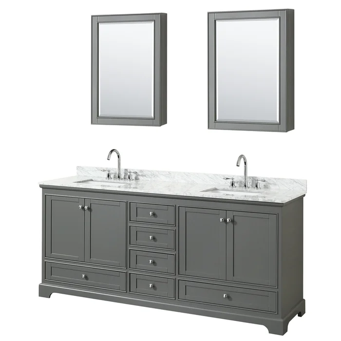 Dark Gray Double Sink Bathroom Vanity White Marble Countertops Medicine Cabinets
