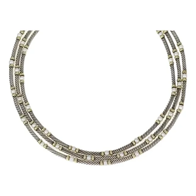David Yurman Cable Necklace Pearls Sterling Silver 14k Yellow Gold 3 Strand
