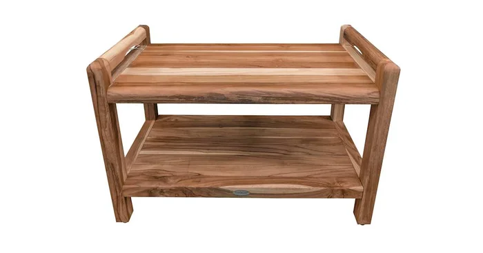 DecoTeak Eleganto 29″ Teak Shower Bench with Shelf and Lift Aide Arms