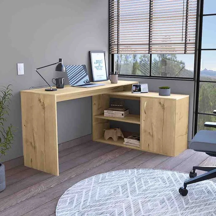 DEPOT E-SHOP Boston L-Shaped Desk, Single Door Cabinet, Two Open Shelves, Two Interior Shelves