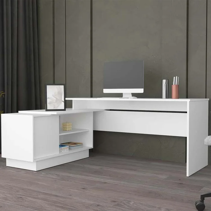 DEPOT E-SHOP Pelican L-Shaped Desk 28″ H, 1 Door, 5 Shelves, White