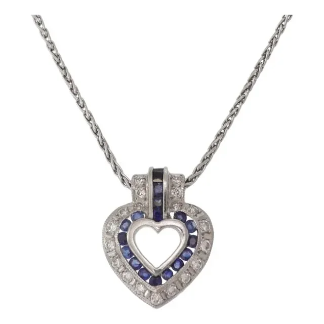 Diamond Sapphire Heart Pendant & Chain Necklace In Platinum