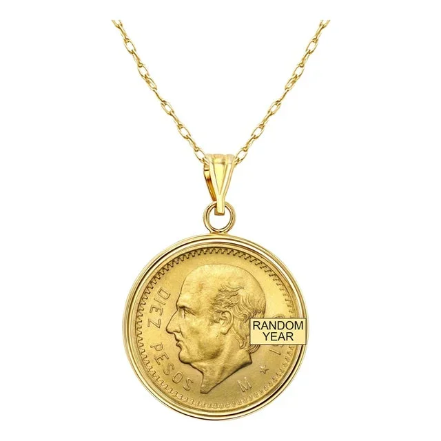 Diez Pesos Gold Coin Necklace with Polished Bezel 14k Yellow Gold 16″