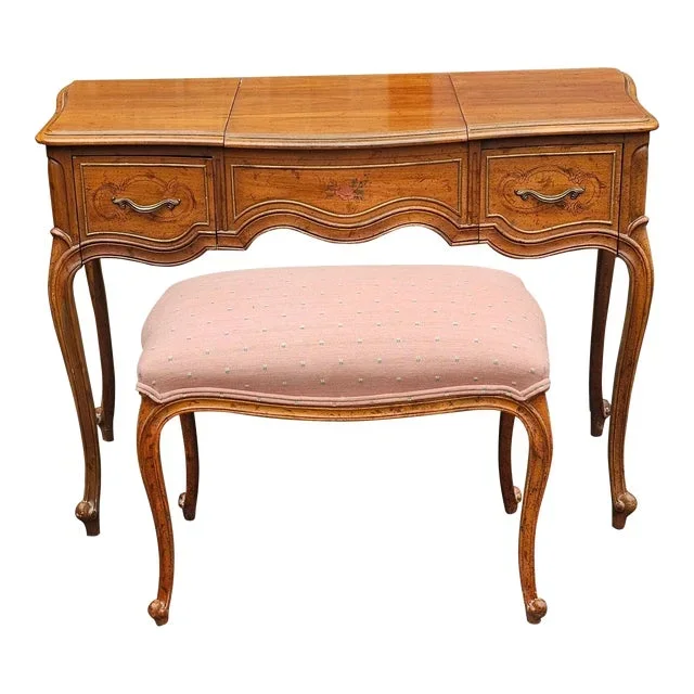 Drexel French Provincial Style Walnut Mirrored Vanity Table With Bench – Set of 2