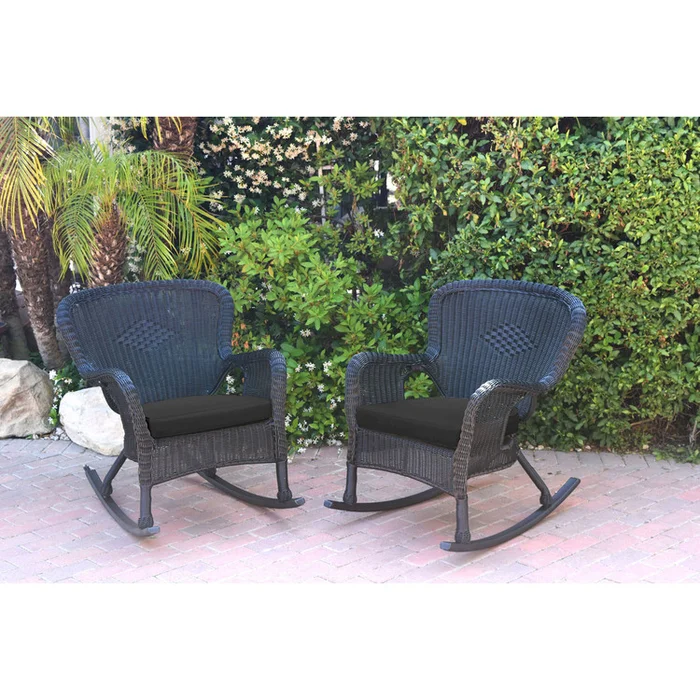 Durable Resin Wicker Rocker Chairs with Black Cushions and Steel Frame