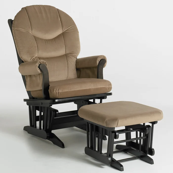 Dutailier Espresso Sleigh Glider and Ottoman Set with Light Brown Cushions