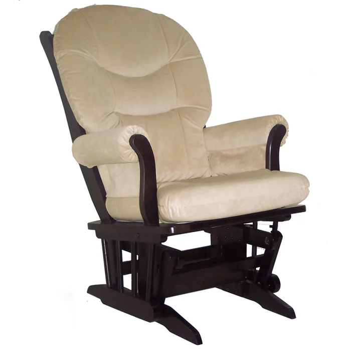 Dutailier Espresso Sleigh Glider with Light Beige Cushions