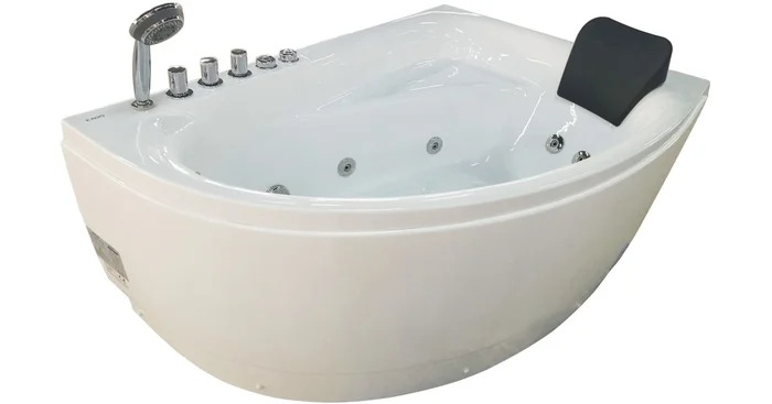 Eago 59″ Acrylic Whirlpool Bathtub for Alcove Installations with Chromatherapy, Left Center Drain, Right Pump, and Included Handshower