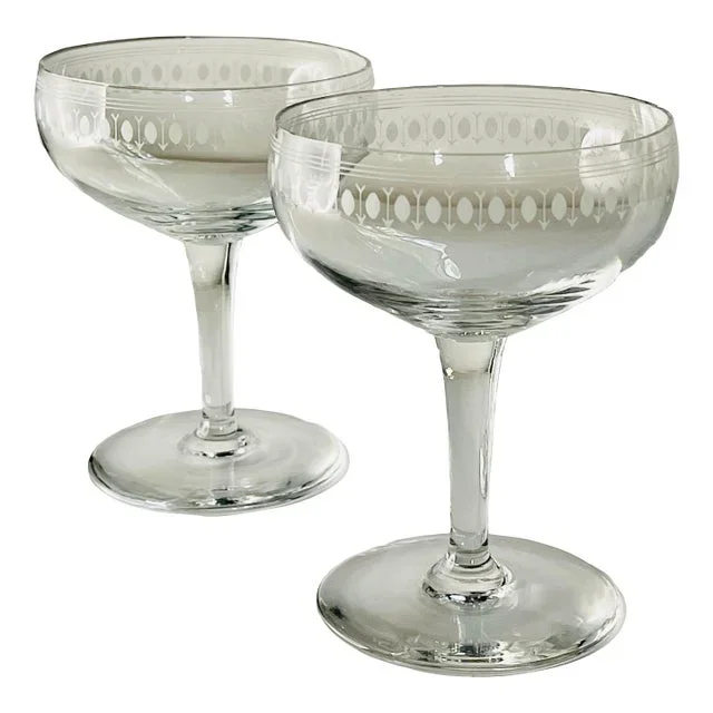 Early 20th Century “Egg & Dart” Etched Glass Champagne Glasses- a Pair
