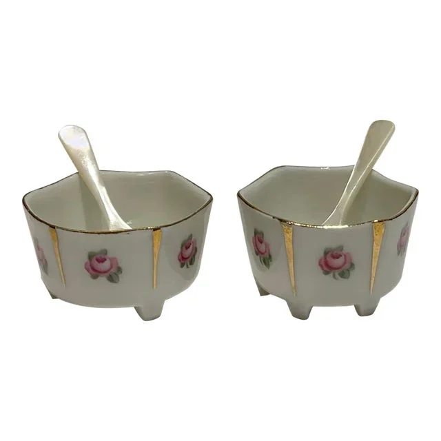 Early 20th Century German Rose Salt Cellars With Gilt Accents- a Pair
