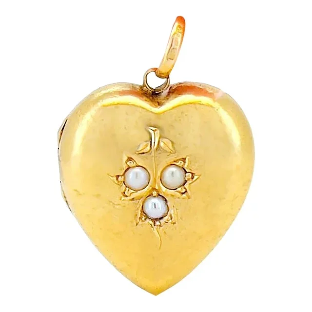 Edwardian 15k Pearl Heart Locket, Feb. 4th 1904