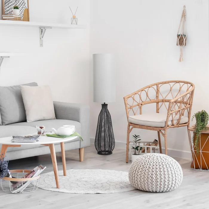 Elegant Designs 46.75″ Tall Boho Coastal Inspired Rustic Paper Rope Rattan Wicker Look Floor Lamp with Light Gray Fabric Shade, Black
