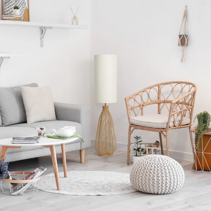 Elegant Designs 46.75″ Tall Boho Coastal Inspired Rustic Paper Rope Rattan Wicker Look Floor Lamp with Light Beige Fabric Shade, Natural