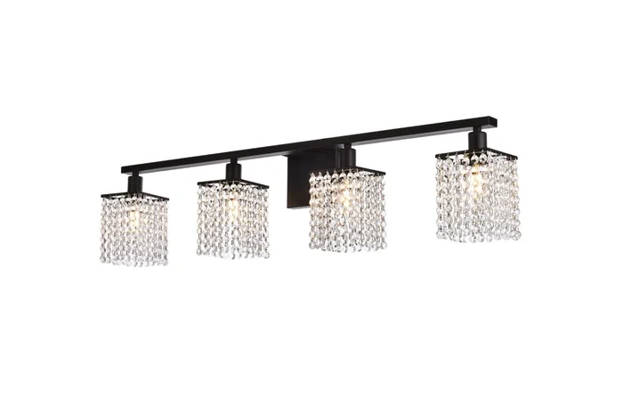 Elegant Furniture & Lighting – Phineas 4 lights bath sconce in black with clear crystals – LD7012BK