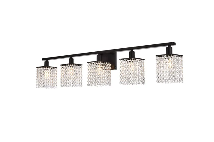 Elegant Furniture & Lighting – Phineas 5 lights bath sconce in black with clear crystals – LD7014BK