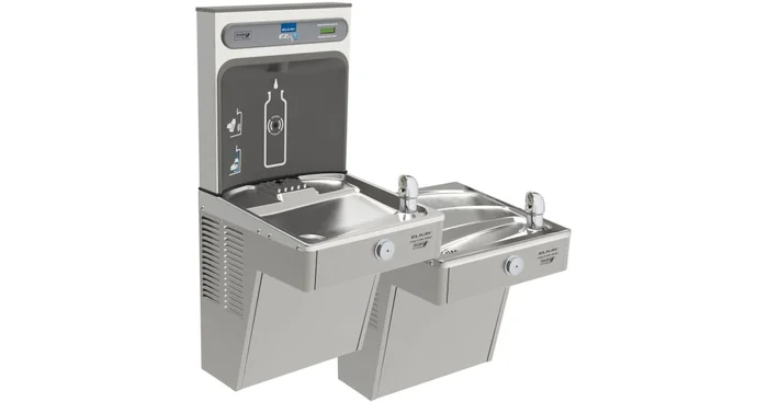 Elkay EZH20 36-1/8″ Wall Mounted Bi-Level Station Hands Free Bottle Filler Combo – Cooler Operated and Vandal Resistant Bubbler
