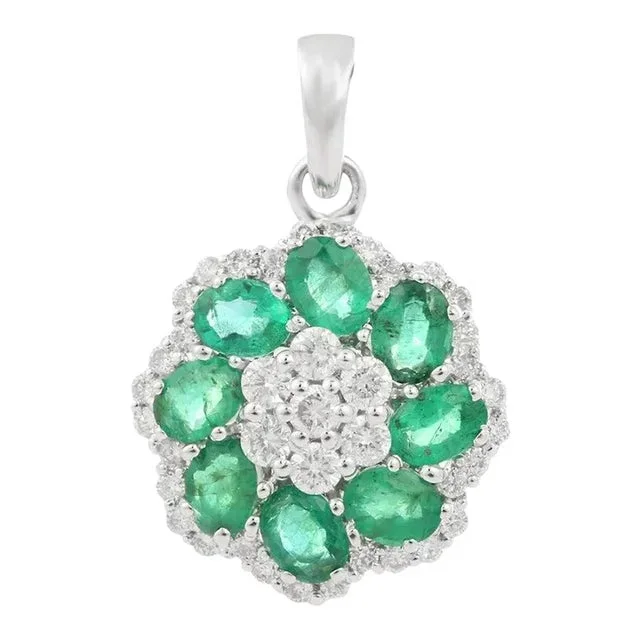 Emerald Floral Pendant in 18k White Gold