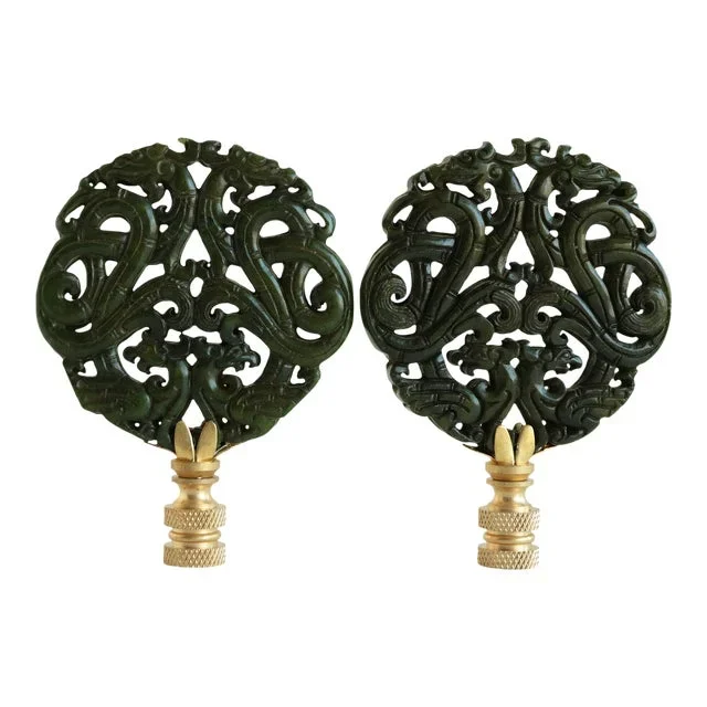 Entwined Dragon Scrolled Stone Lamp Finials on Brass – a Pair