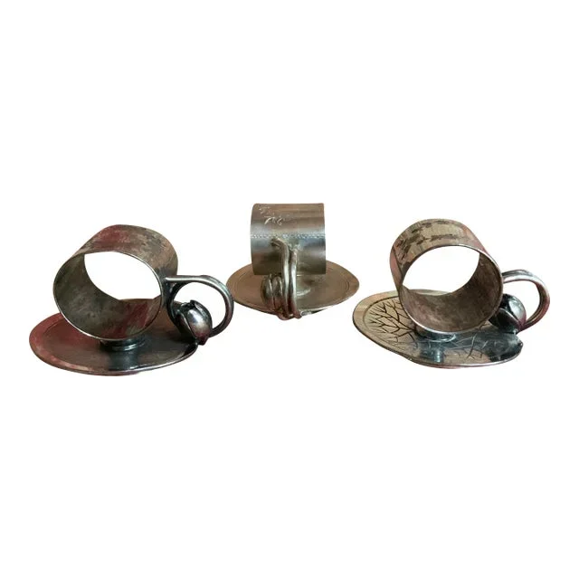 Exquisite Trio of Meriden Britannia Water Lily Quadruple Silver-Plated Napkin Rings, C. 1870s