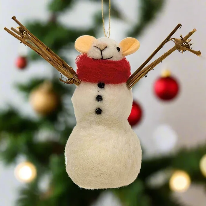 Felted Mouse Snowman Ornament