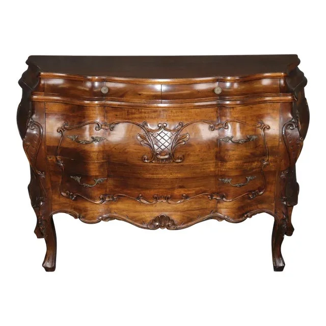Fine Solid Walnut Bombe Form Carved Italian Louis XV Style Commode