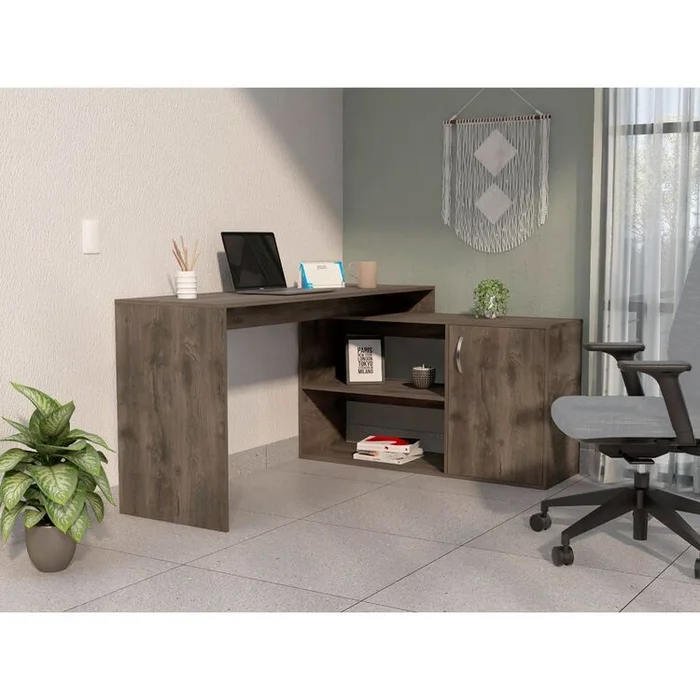 FM FURNITURE Antlia L-Shaped Writing Desk, Two Shelves, Single Door Cabinet