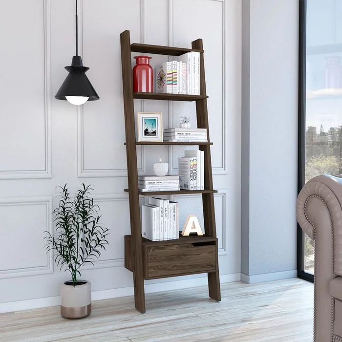 FM FURNITURE Hamburg Ladder Bookcase, Five Open Shelves, One Drawer