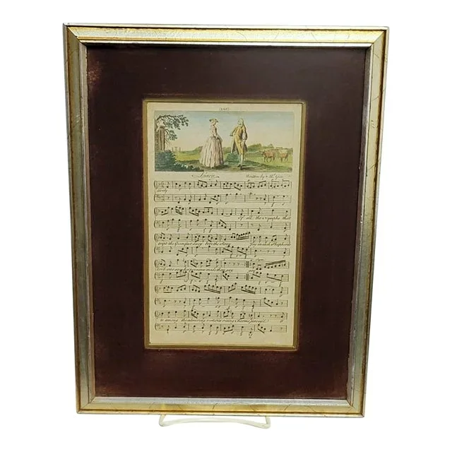 Framed Late 18th-Century Hand-Tinted Engraved Sheet Music “Lucy”, Circa 1780