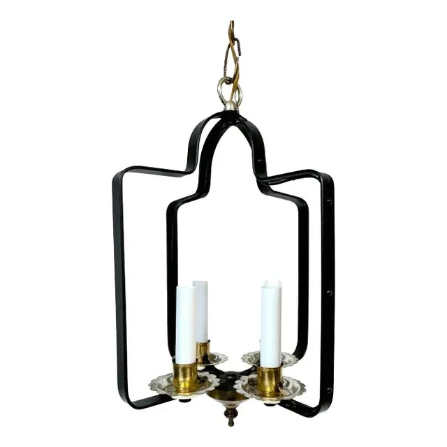 French Modern Stitched Wrought Iron 4 light Bird Cage Lantern, Style of Adnet