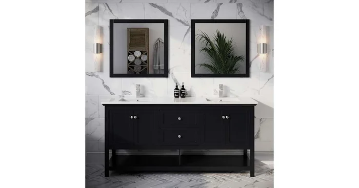 Fresca Manchester 72″ Free Standing Double Basin Vanity Set with Cabinet, Quartz Vanity Top, and Framed Mirror