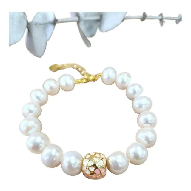 Fresh Water Pearl Baby Pink and White Enamel Sakura Charm Gold Plated Bracelet