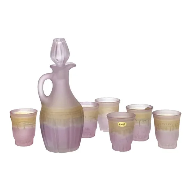 Frosted Mauve Art Glass Shot Glasses and Decanter – Set of 7