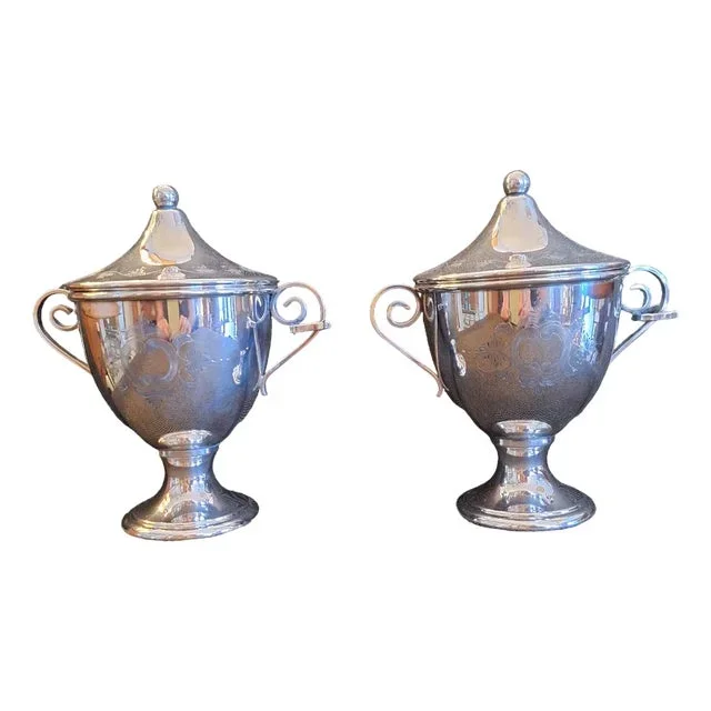 German Cup-Shaped Lidded Boxes in Silver-Plated Metal with Spoon Holders and Handcrafted Decor by Robbe & Berking, 1960s, Set of 2