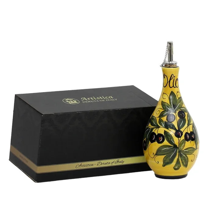 GIFT BOX: With authentic Deruta hand painted ceramic – ‘OLIO’ Bottle Dispenser Olive Fondo Giallo design
