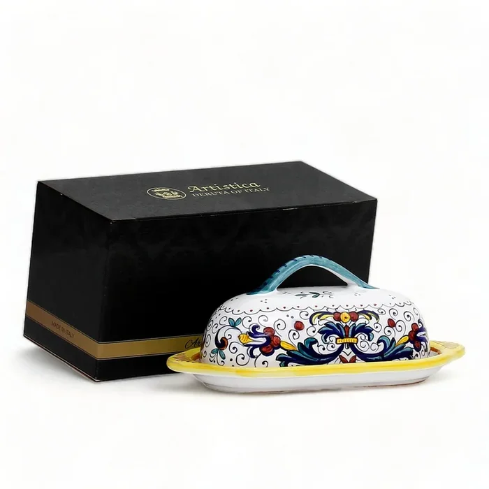 GIFT BOX: With authentic Deruta hand painted ceramic – Butter Dish with cover Ricco Deruta Design